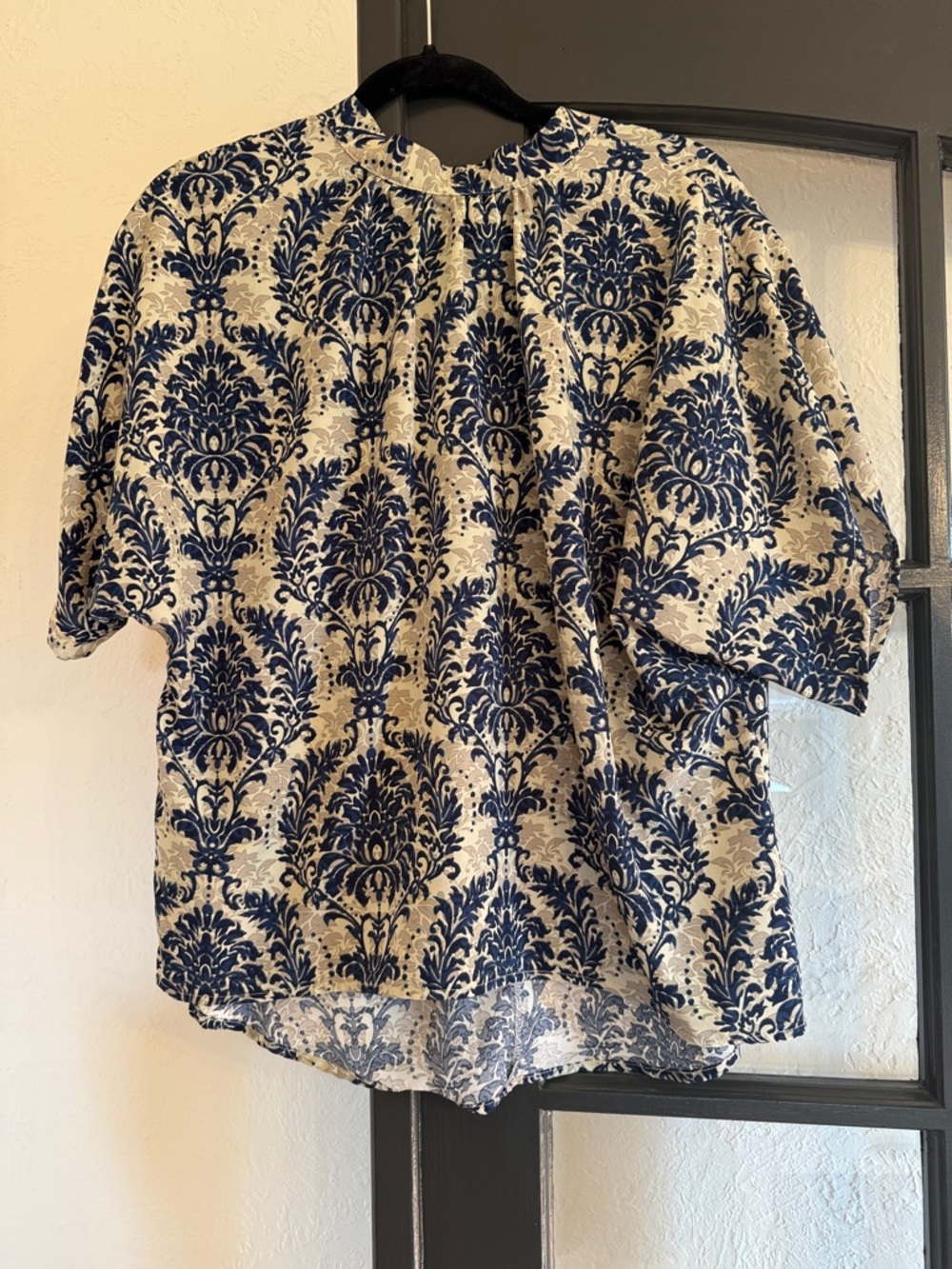 Relaxed Blue and White Damask Print Blouse